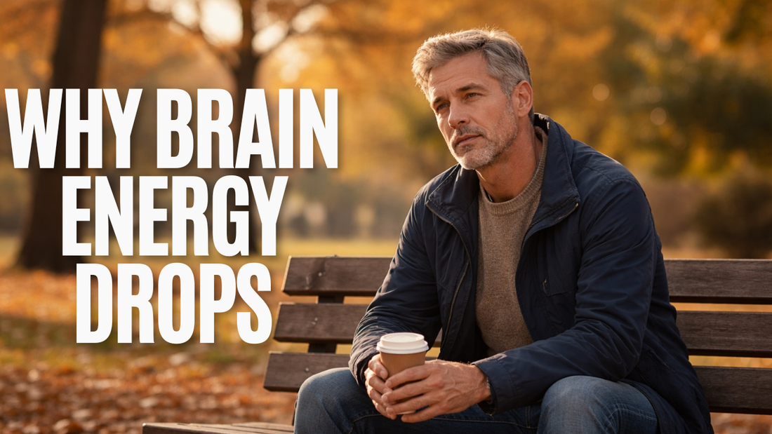 Man in his mid-50s sitting on a park bench looking mentally fatigued representing age-related brain energy decline