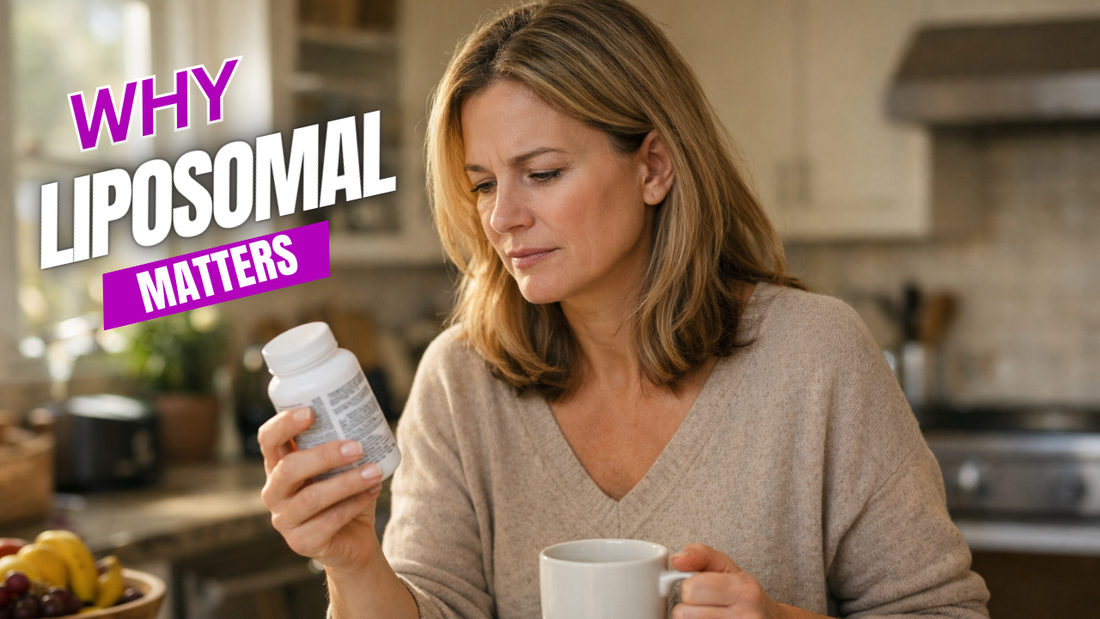 Woman reading a brain supplement label to evaluate liposomal delivery claims