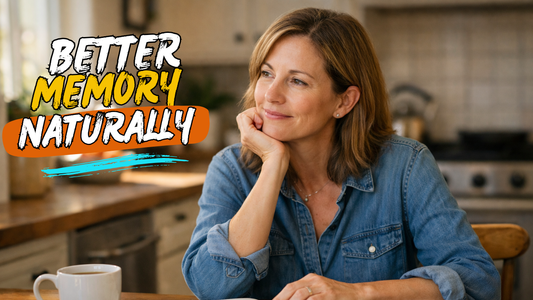 Woman in her 40s at kitchen table with coffee and notebook representing natural memory improvement habits