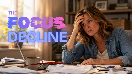 Woman in her late 40s struggling to focus at her desk, surrounded by papers, looking distracted